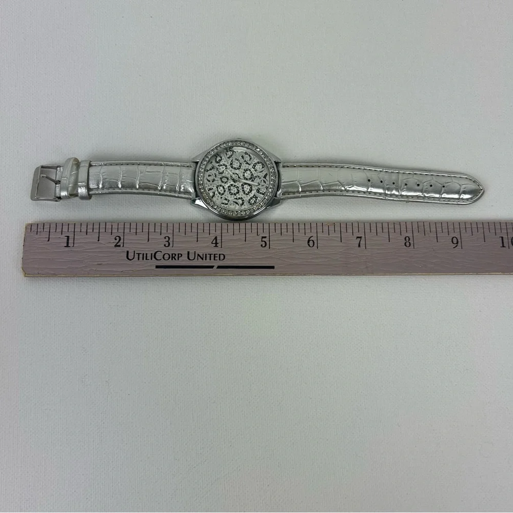 Silver Tone Leopard Print Watch with Rhinestones